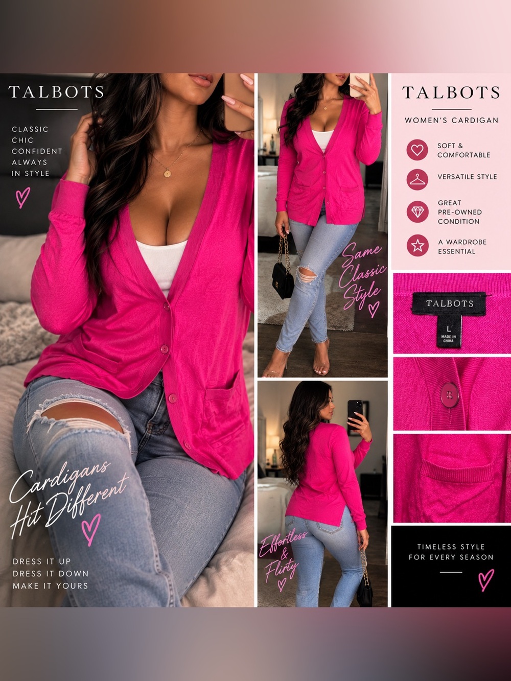 Talbots Women's Hot Pink Button-Up V-Neck Cardigan size Large